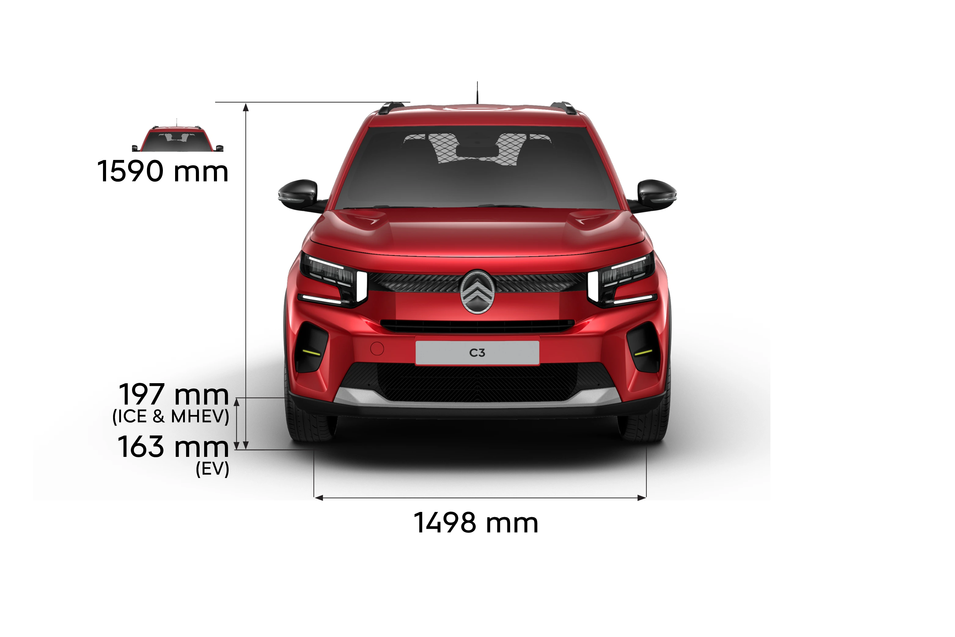 Widok z przodu Citroëna ë-C3 Van z wymiarami, ilustrujący wysokość, szerokość i prześwit pojazdu.