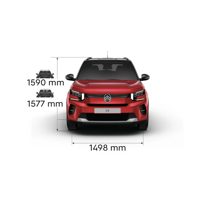 Widok kompaktowego SUV-a Citroëna C3 z wielu perspektyw, ukazujący wymiary nadwozia i pojemność bagażnika dla praktycznej, wszechstronnej i przystępnej mobilności.