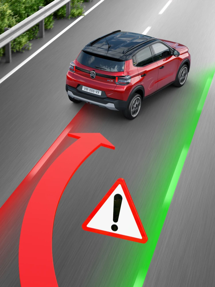 Widok jazdy z tyłu SUV-a Citroëna C3, pokazujący asystenta utrzymania pasa ruchu dla bezpieczniejszej, pewnej i przystępnej mobilności na co dzień.