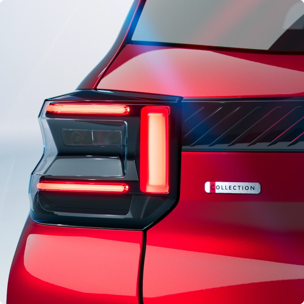 Zbliżenie tylnej lampy Citroëna C3 – charakterystyczny sygnaturowy wzór LED, który łączy dobrą widoczność z nowoczesnym stylem, czyniąc auto praktycznym wyborem do miasta.
