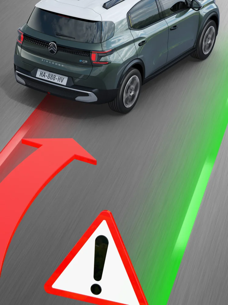 SUV Citroëna pokazujący system ostrzegania o niezamierzonej zmianie pasa ruchu z wizualizacją linii na jezdni.