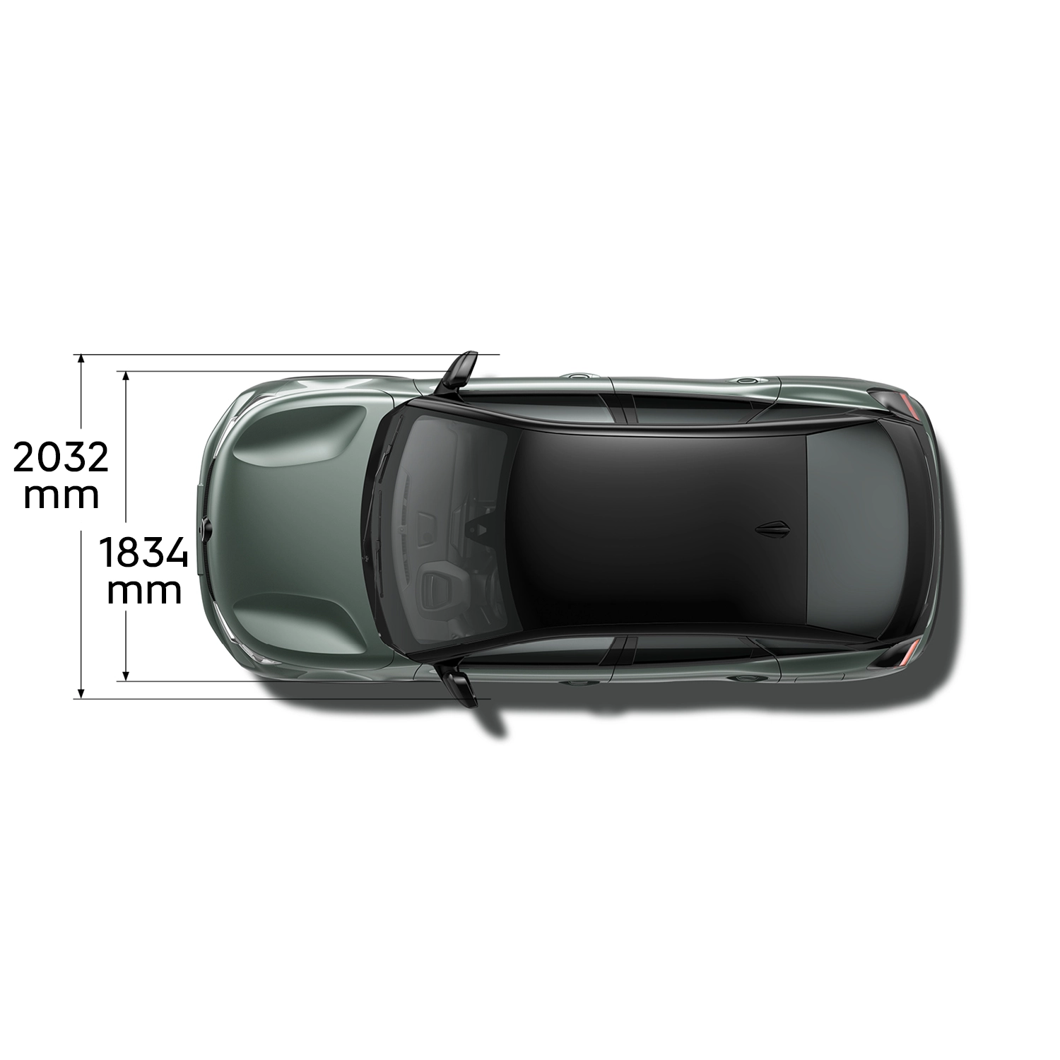 Technical dimensions sheet of ë-C4 showing front, rear, side and top views with exterior measurements and boot volumes