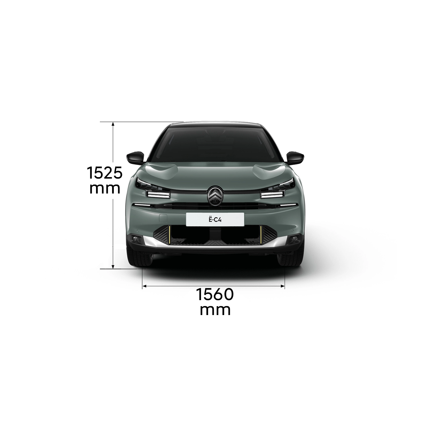 Technical dimensions sheet of ë-C4 showing front, rear, side and top views with exterior measurements and boot volumes
