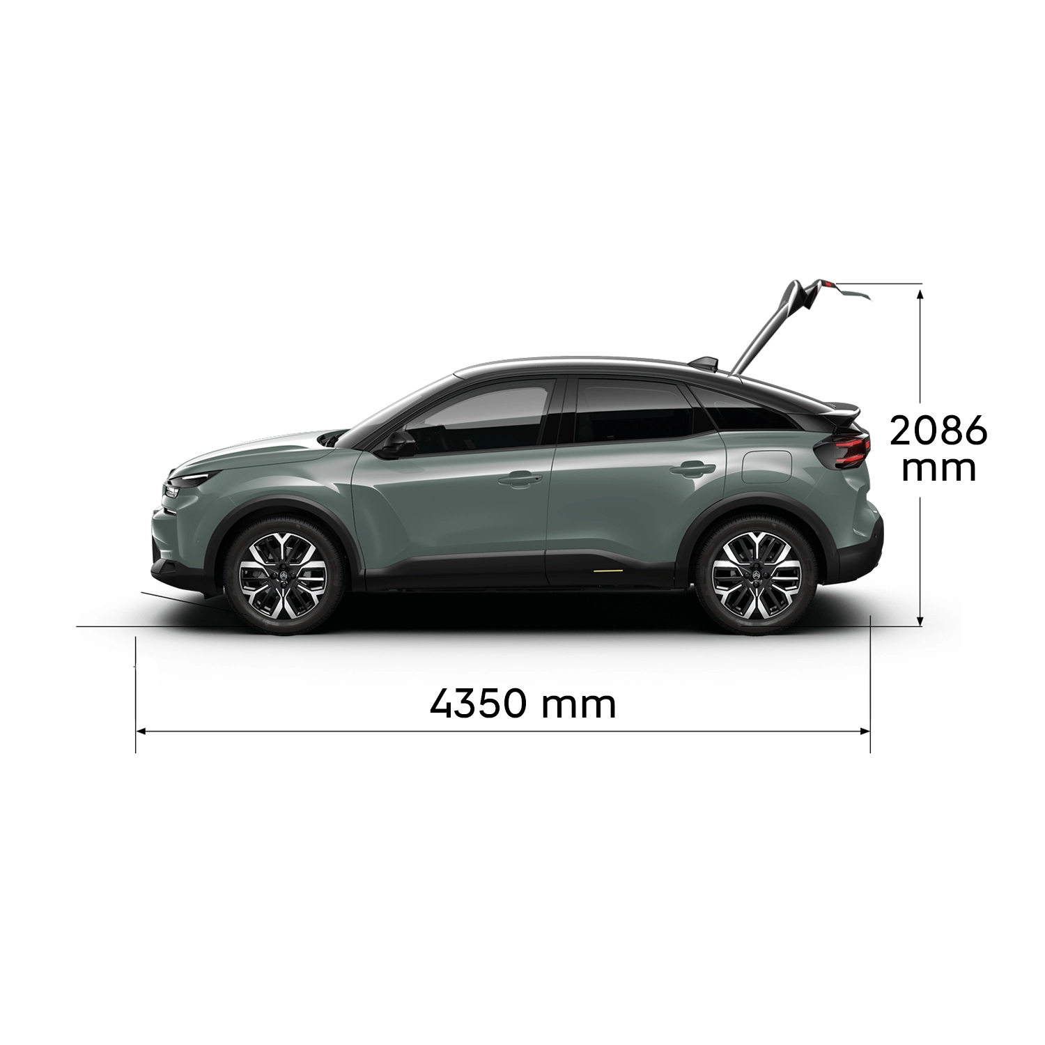 Technical dimensions sheet of ë-C4 showing front, rear, side and top views with exterior measurements and boot volumes