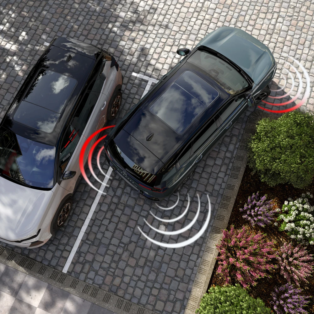 Widok z góry SUV-a C5 Aircross z czujnikami z przodu i z tyłu zwiększającymi widoczność, bezpieczeństwo, technologię i pewność manewrowania premium.