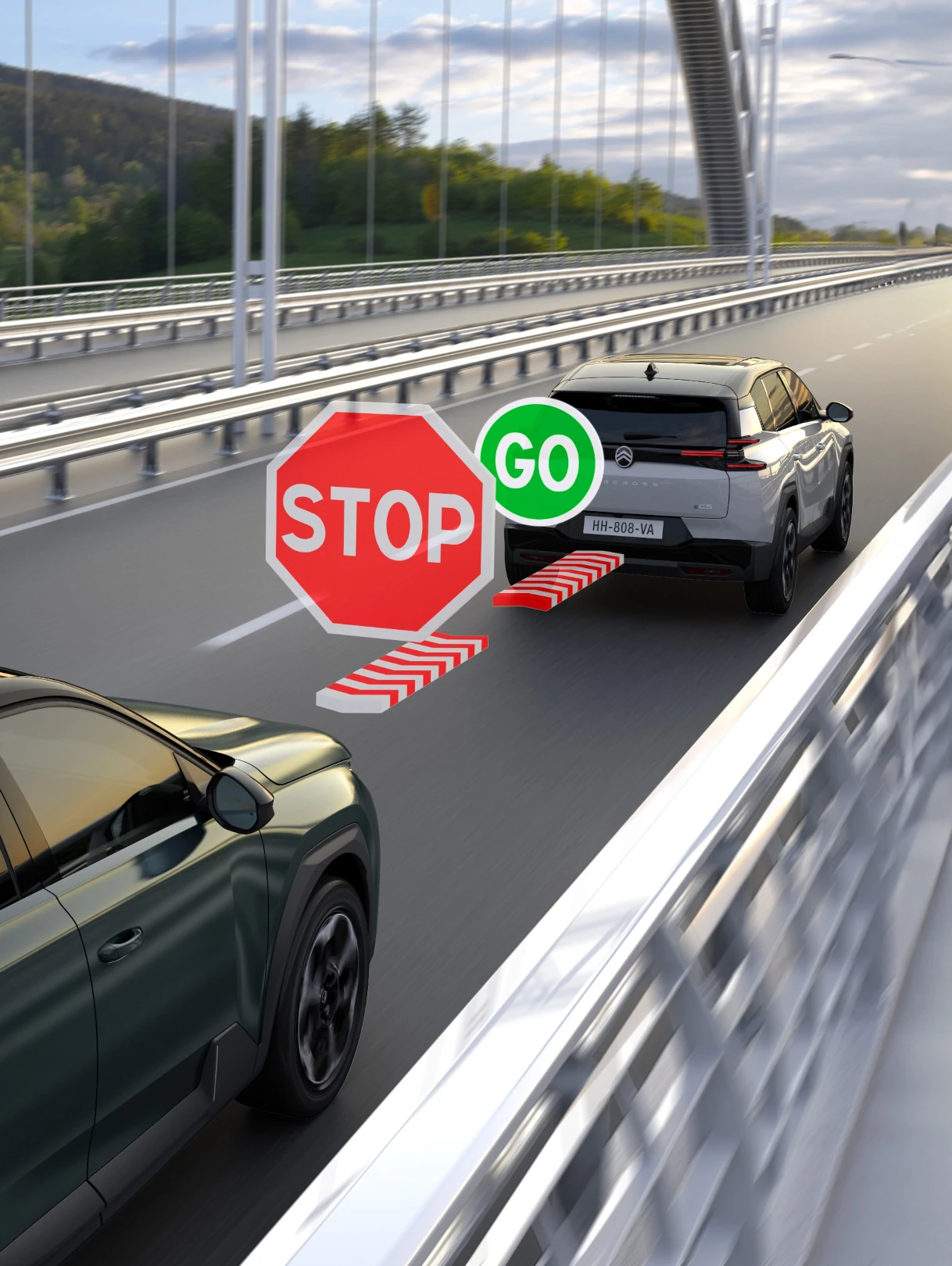 Widok z tyłu z boku SUV-a C5 Aircross z aktywnym tempomatem Adaptive Cruise Control Stop & Go zwiększającym bezpieczeństwo, technologię i płynniejszą jazdę.