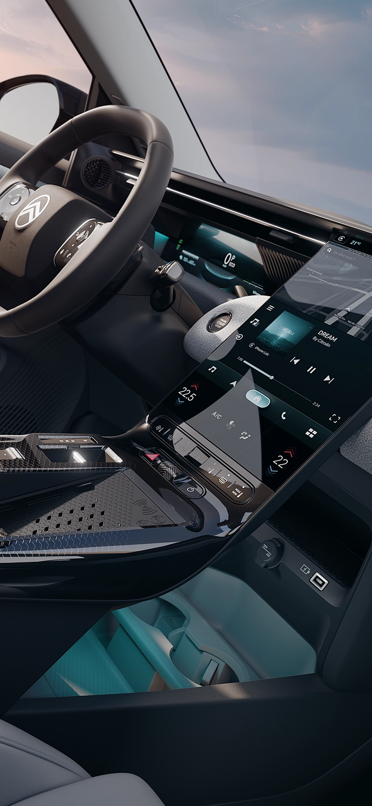 Widok kokpitu Citroëna C5 Aircross Emeraude, ukazujący ekran Waterfall z nawigacją 3D i funkcjami łączności, zapewniający wygodę w rodzinnym SUV-ie