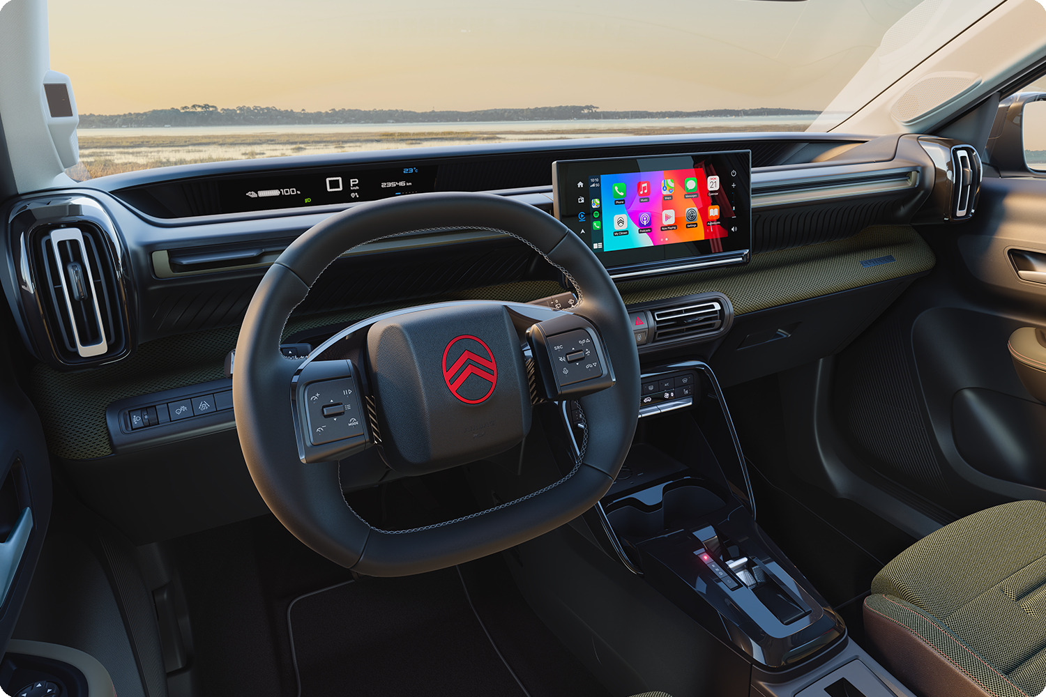 Zbliżenie na deskę rozdzielczą Citroëna C3 Outdoor, której ekran dotykowy prezentuje funkcje łączności Advanced Comfort w kompaktowym SUV-ie
