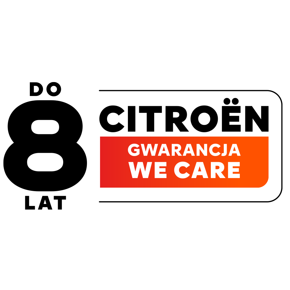 Emblemat 8‑letniej gwarancji Citroëna, ilustrujący przedłużoną ochronę gwarancyjną pojazdu.