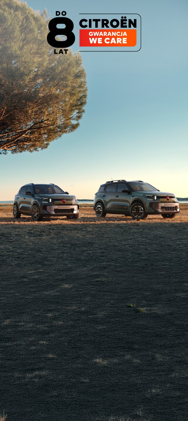 Widok gamy Citroëna w ujęciu 3/4, przestronnych, wszechstronnych i komfortowych modeli o innowacyjnym charakterze outdoorowym: C3 Outdoor, C3 Aircross Outdoor i Ami Outdoor.
