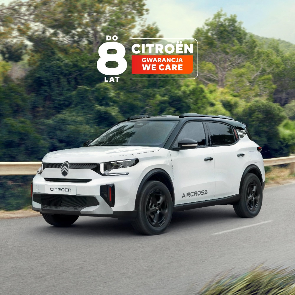 Widok z przodu pod kątem 3/4 z ulicy SUV-a Citroëna C3 podkreślający nagradzany design oraz 8-letnią gwarancję dla pewnej i przystępnej mobilności.