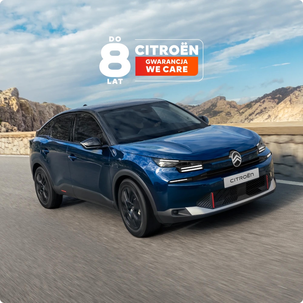 Ujęcie z przodu pod kątem 3/4 modelu Citroën C4, podkreślające dynamiczny design, bezpieczeństwo, komfort i technologie dla premium doświadczenia jazdy krajobrazowej.